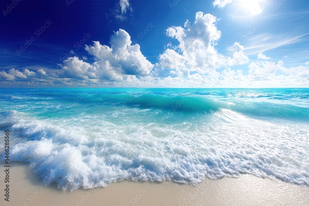 Calm ocean waves gently meet the sandy beach under a clear blue sky during daytime.