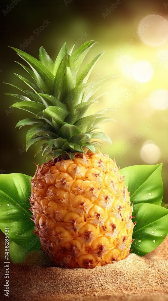 Fresh pineapple with green leaves on a wooden table in natural daylight, isolated white background.
