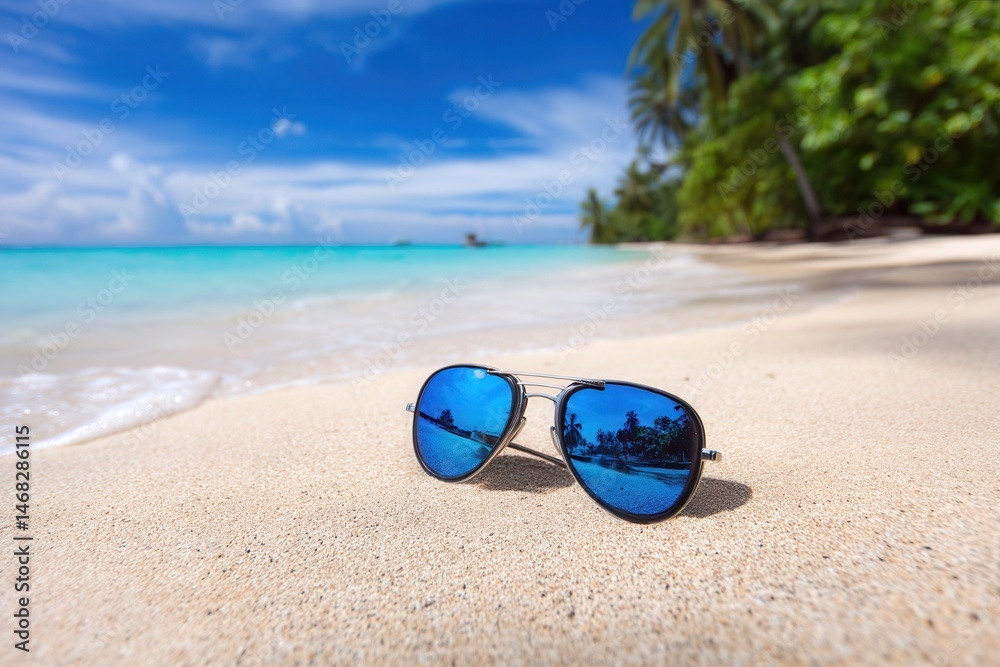 Sunglasses resting on golden beach sand under a clear blue sky on a sunny day.