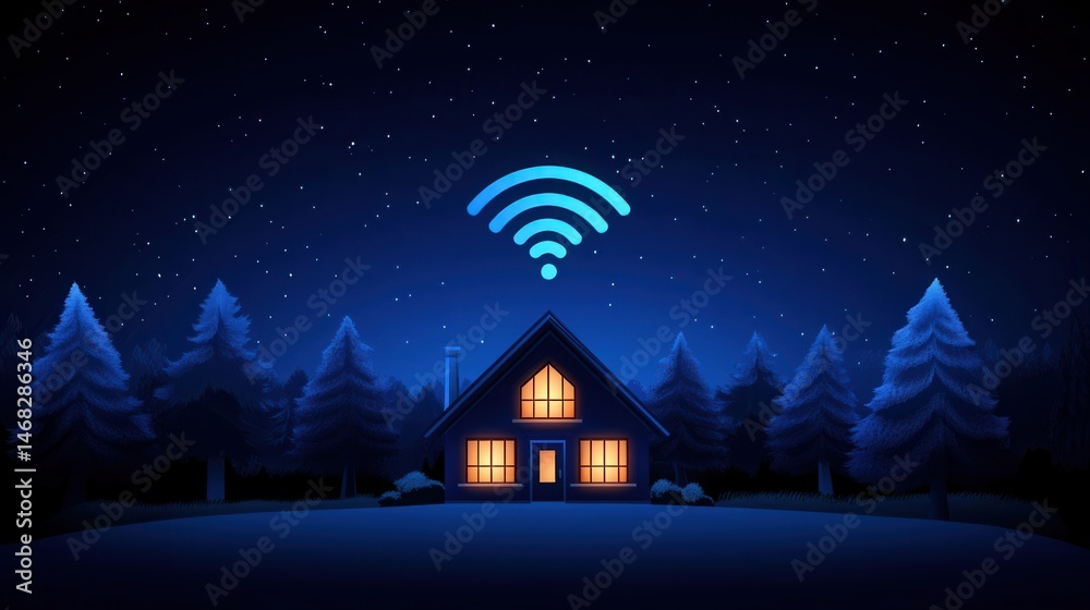 Fototapeta premium Cozy House at Night with WiFi Signal Above Surrounded by Pine Trees