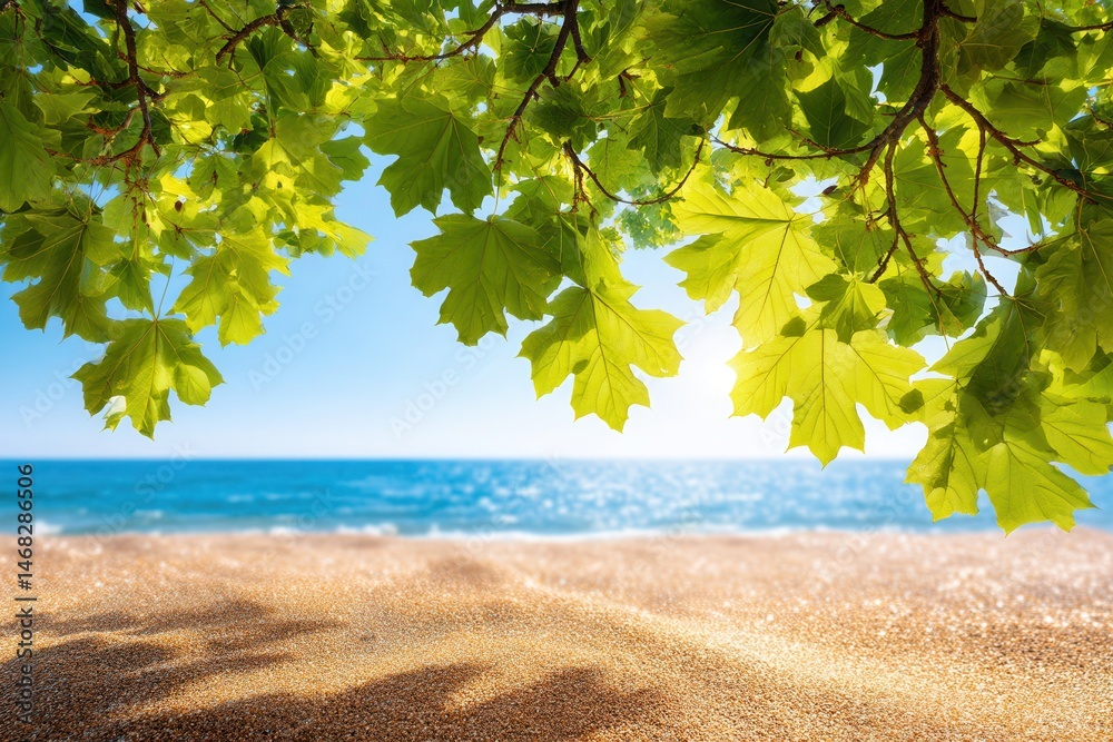 Scenic beach view with a solitary tree extending over the sandy shore under clear daylight sky.