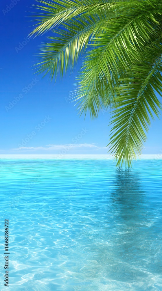 A lone palm tree leaning over crystal-clear ocean water under a bright blue sky at daytime.