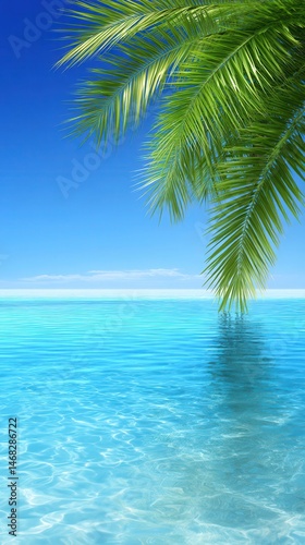 Obraz na płótnie A lone palm tree leaning over crystal-clear ocean water under a bright blue sky at daytime. w salonie
