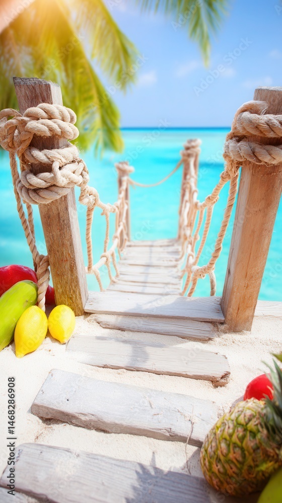 Wooden walkway leading to a sandy beach with assorted colorful fruit baskets in natural daylight.