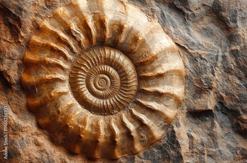 Close-up of a fossilized ammonite shell embedded in textured brown rock showcasing intricate spiral patterns and natural earthy tones