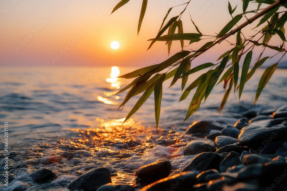 Aerial sunset view over ocean with rocky shore and solitary tree silhouetted against colorful sky.