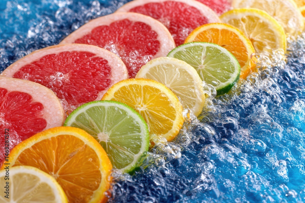 Colorful fruit slices floating on clear water with bright reflections, perfect for summer or health themes.