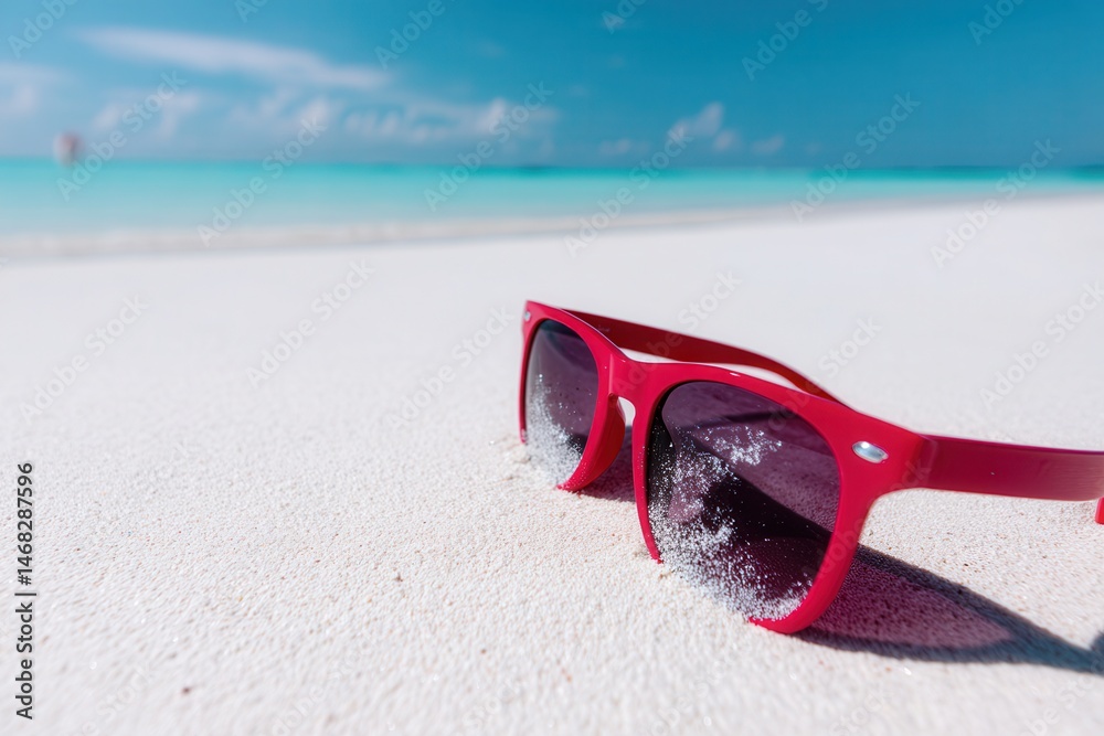 Black sunglasses resting on light sandy beach with clear blue sky in bright daylight.