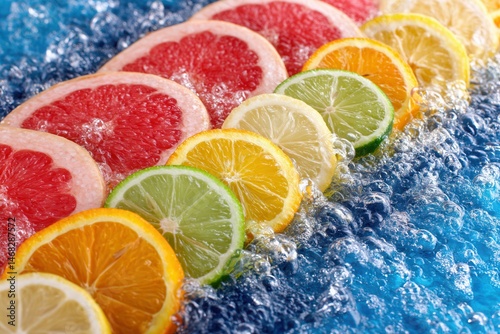 Obraz na płótnie Colorful fruit slices floating on clear water with bright reflections, perfect for summer or health themes. w salonie