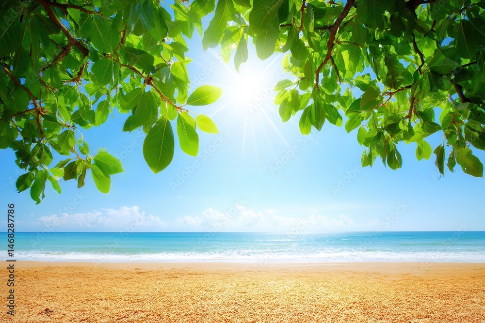 Bright sunlight filtering through green leaves onto a sandy beach with blue ocean waves in the background.