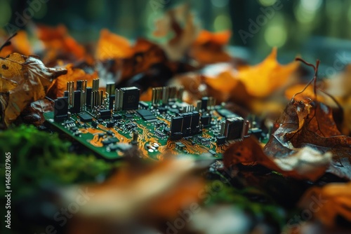 A discarded circuit board rests amidst fallen autumn leaves, symbolizing technological obsolescence in nature.