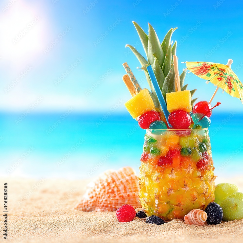 Tropical pineapple drink with umbrella on sandy beach under bright daylight by the ocean.