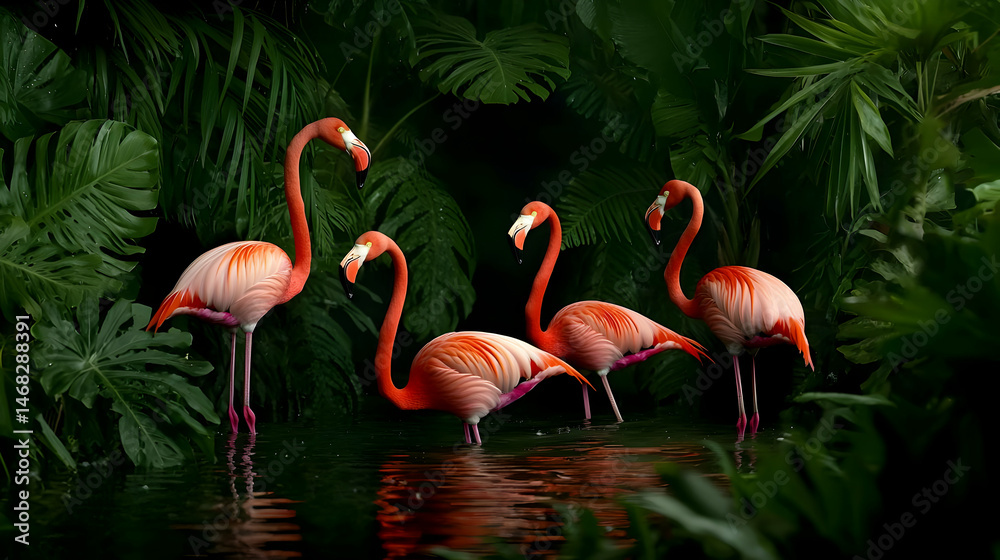 Fototapeta premium Pink Flamingos In A Lush Tropical Setting