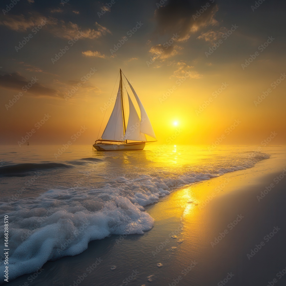 A red sailboat glides on ocean waves during a vibrant sunset with orange and pink skies.