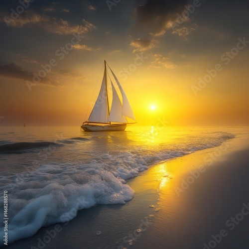 A red sailboat glides on ocean waves during a vibrant sunset with orange and pink skies.