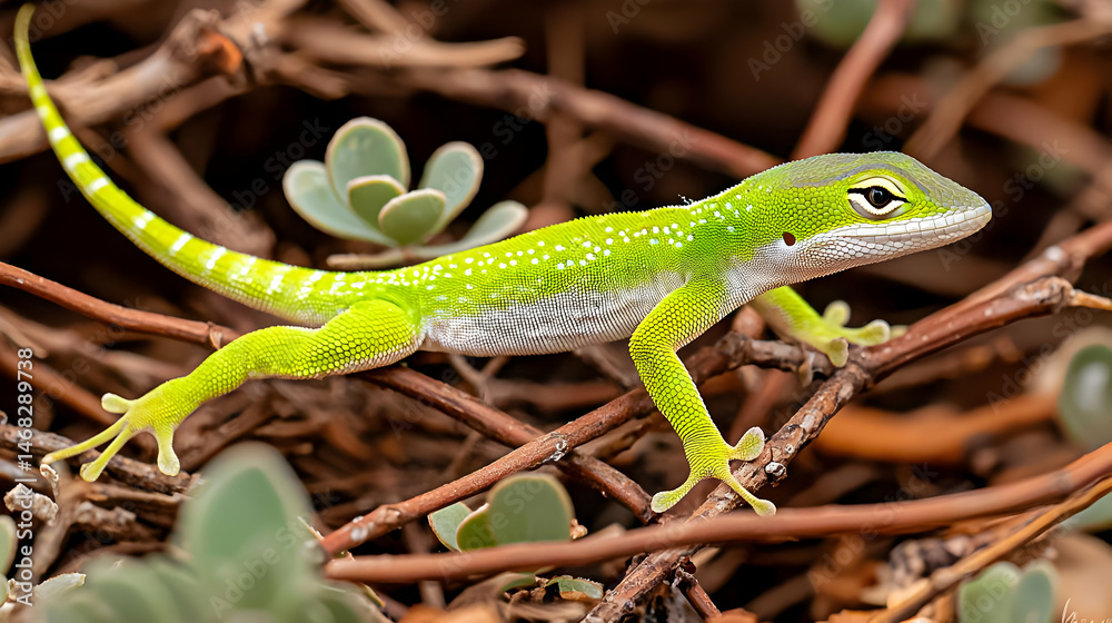 Fototapeta premium Green Lizard On Branches In Nature