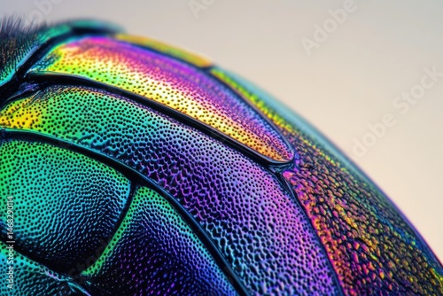 Close-up of iridescent beetle elytra showcasing vibrant, textured colors and intricate patterns. photo