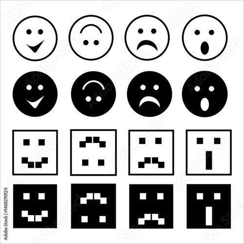 Black and white emoji. Expression face icons. Simple emotive symbols. Minimal design elements.