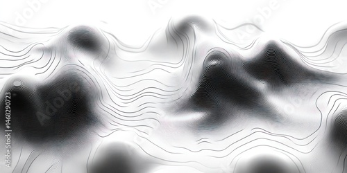 Abstract black and white digital topographic map with contour lines forming smooth mountain shapes and gradient shading creating depth and motion