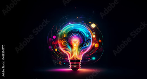 A vibrant, colorful lightbulb, radiating energy and creativity, glows brightly against a dark background, surrounded by swirling light particles.