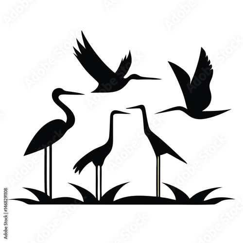 Black vector silhouette of a flying bird near a wind turbine illustration