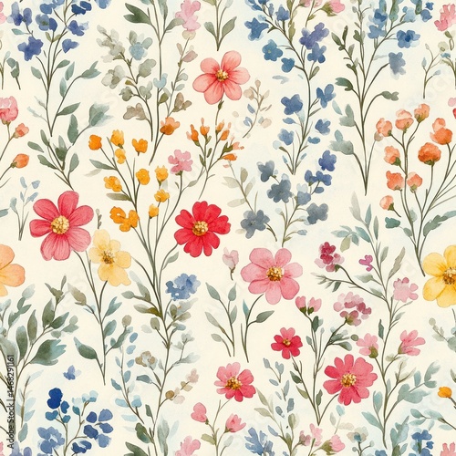 Wallpaper Mural seamless pattern of delicate watercolor wildflowers in various colors including pink, red, yellow, blue, and orange with green leafy stems on light background Torontodigital.ca