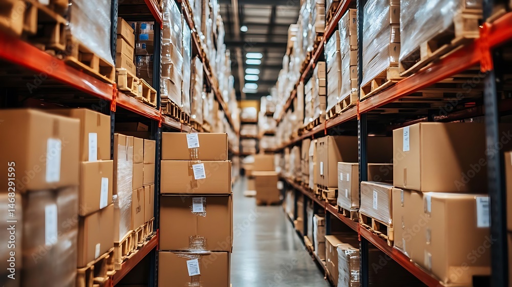 Warehouse aisle, cardboard boxes, logistics, storage Warehouse aisle, cardboard boxes, logistics, storage