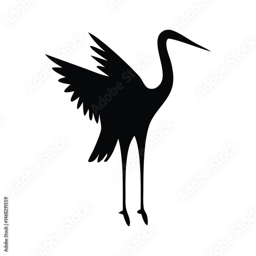 A black and white vector illustration depicts a stork, a wild bird with a prominent beak and wings, carrying a baby silhouette