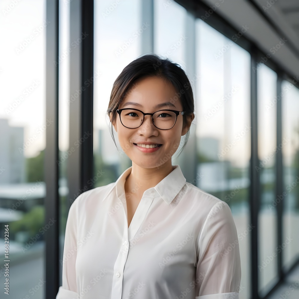Portrait of a Smiling Asian Businesswoman in Modern Office Portrait of a Smiling Asian Businesswoman in Modern Office