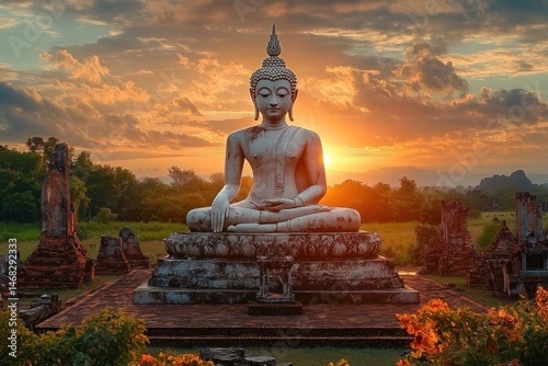 Large white Buddha statue seated in meditation posture at ancient brick ruins during a vibrant sunset with dramatic clouds and surrounding greenery