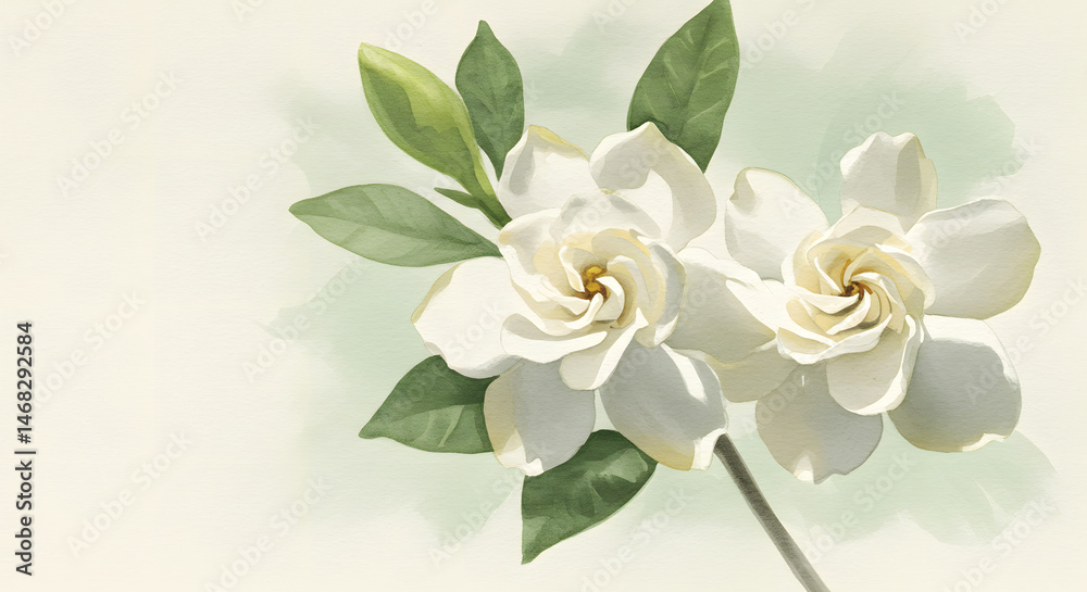 Fototapeta premium White Gardenias Blooming Watercolor Illustration for Elegant Designs, Greeting Cards, and Website Backgrounds