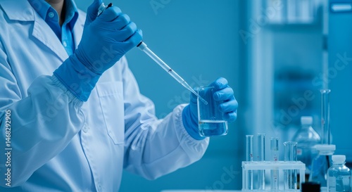Scientist's Precise Pipetting: A Cool Blue Lab Scene