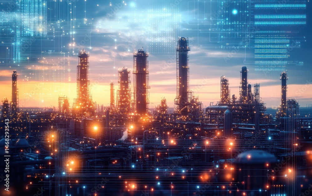 Fototapeta premium Industrial refinery complex at sunset with glowing digital data overlays representing technological integration and futuristic industry