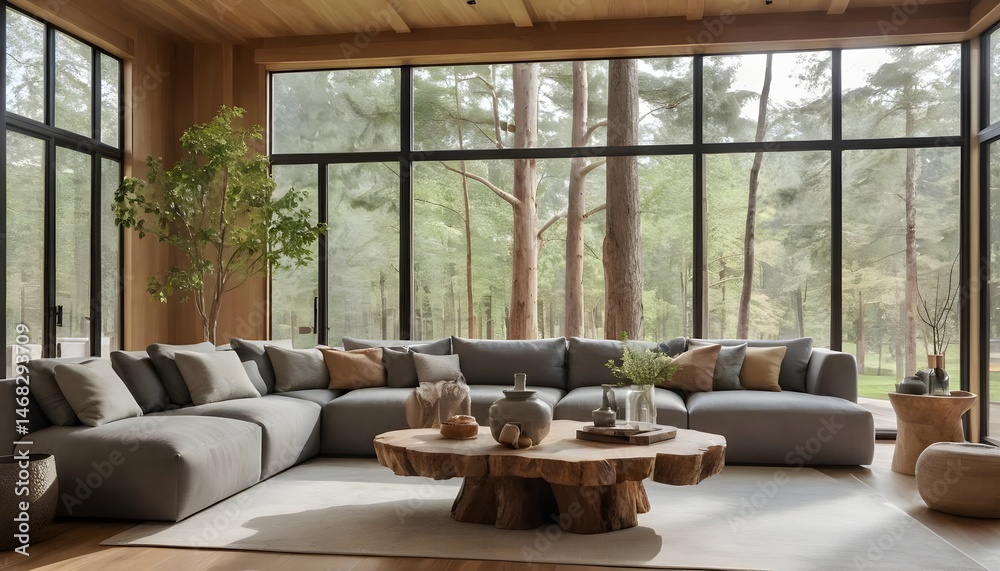Fototapeta premium Modern Sectional Sofa in Minimalist Living Room with Forest View