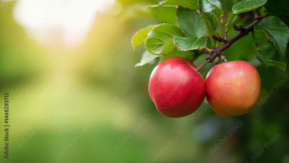 Red apples on a tree branch in a lush orchard, during harvest and healthy food. Ideal for illustrating concepts of agriculture, organic food, and seasonal fruit. Red apples on a tree branch in a lush orchard, during harvest and healthy food. Ideal for illustrating concepts of agriculture, organic food, and seasonal fruit.