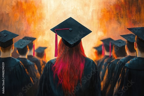 Back view of a group of graduates wearing black caps and gowns standing together with warm golden light in the background, symbolizing achievement and hope