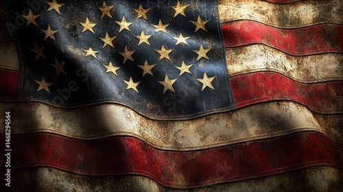 worn and tattered american flag with faded stars and stripes under dramatic lighting conveying a sense of age and resilience