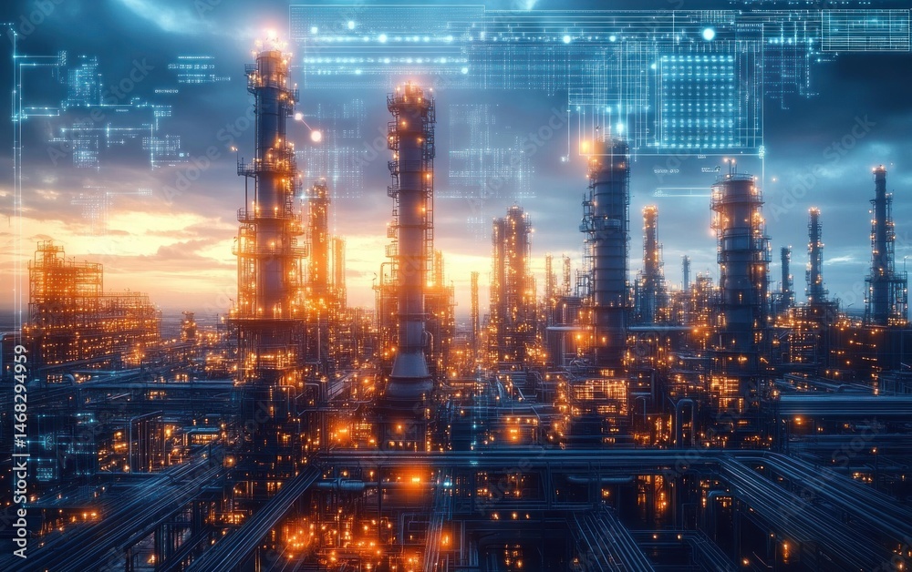 Fototapeta premium Futuristic industrial refinery complex at sunset with illuminated towers and digital overlay circuitry representing advanced technology and innovation