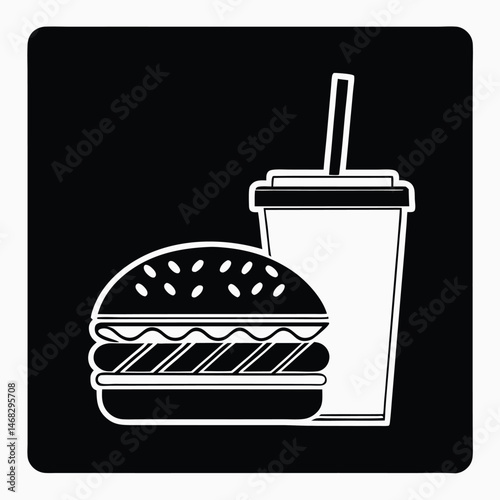Black and White Icon of Hamburger and Soda Combo Meal