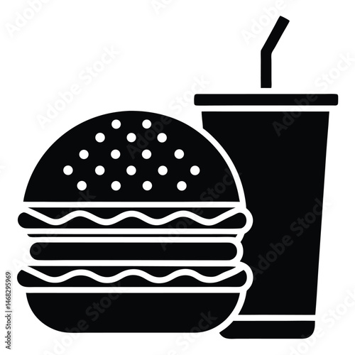 Black and White Icon of a Hamburger and Soda Combo