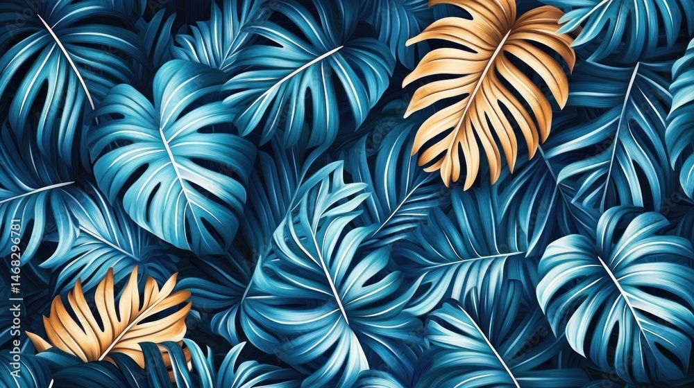 Close-up of vibrant tropical leaves in blue tones with contrasting golden yellow leaves creating a luxurious and exotic atmosphere Close-up of vibrant tropical leaves in blue tones with contrasting golden yellow leaves creating a luxurious and exotic atmosphere