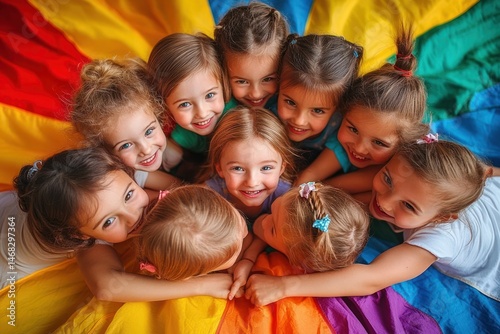 Group of smiling children hugging and sitting closely together on a colorful parachute in a joyful circle