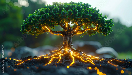 Futuristic Bio-Tech Tree:  Nature Meets Technology in Stunning AI Art