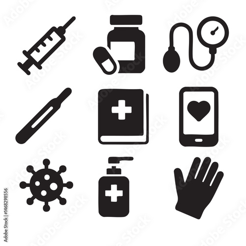Collection of medical icons including syringe pill bottle blood pressure monitor thermometer