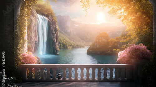 Scenic lakeside balcony view with waterfall. [Celestial Drift] | Meteoric Ascent | falling stone. Illustration