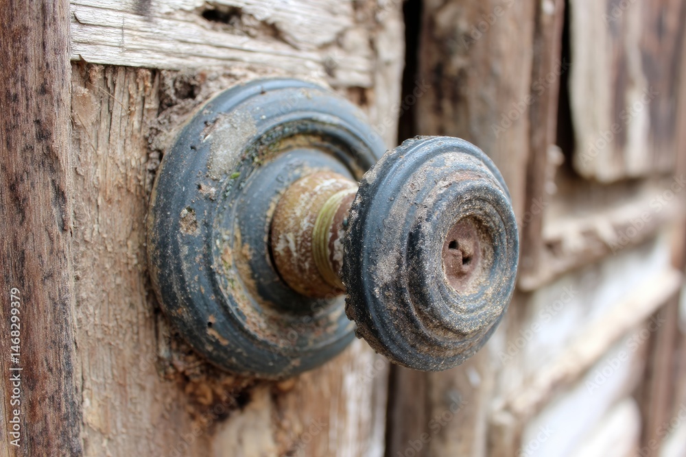 Worn doorknob on weathered wooden door Worn doorknob on weathered wooden door