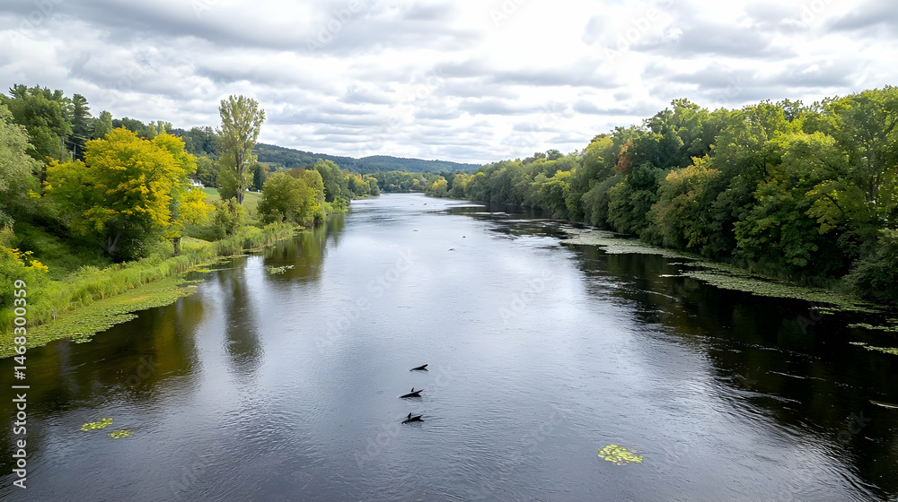 Fototapeta premium Serene River Landscape With Ducks And Autumn Colors