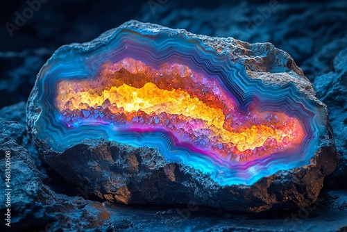 Wallpaper Mural beautiful agate geode with pastel rainbow colors, glowing crystals embedded in the stone, contrasting against a dark, almost black background. Generative AI Torontodigital.ca