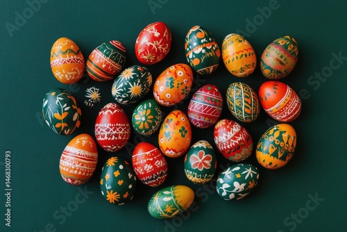A vibrant display of hand-painted Easter eggs. photo