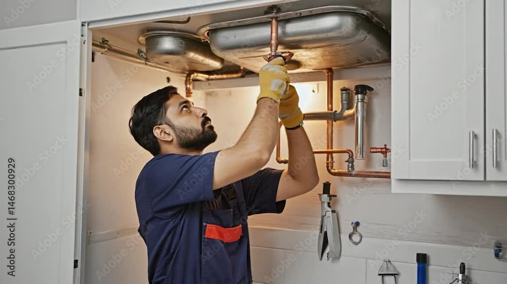 Plumber fixing kitchen plumbing